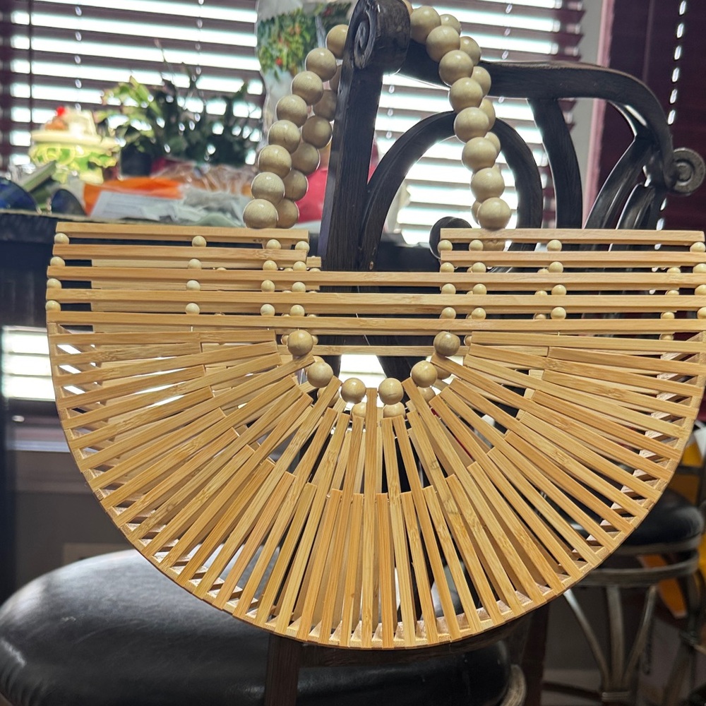 Natural Bamboo Handbag with Beaded Design